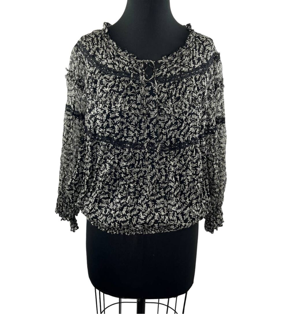 SUNDANCE Black White Cat Long Sleeve Ruffle Accent Tie Neck Silk Peasant Top S